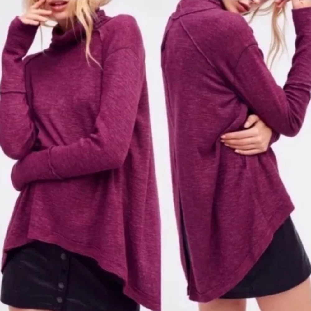 Free People We The Free Women Split Back Turtleneck Small S Burgundy Long Sleeve